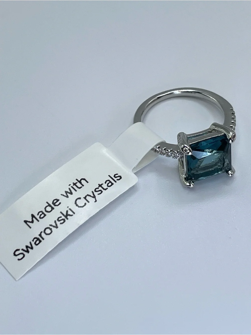 Swarovski Crystal Elements Teal Blue Princess Cut Solitaire Ring Sz 6